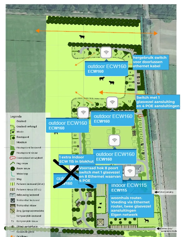 Schetsplan van het campingterrein met posities van de wifi-punten