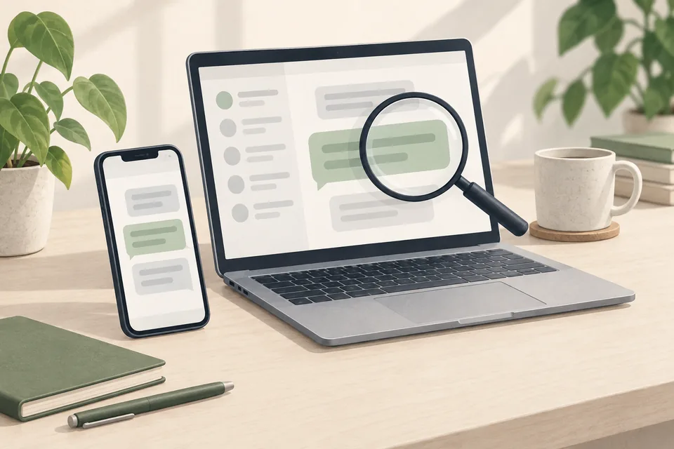 Illustratie van berichten op een telefoon en laptop met een vergrootglas.