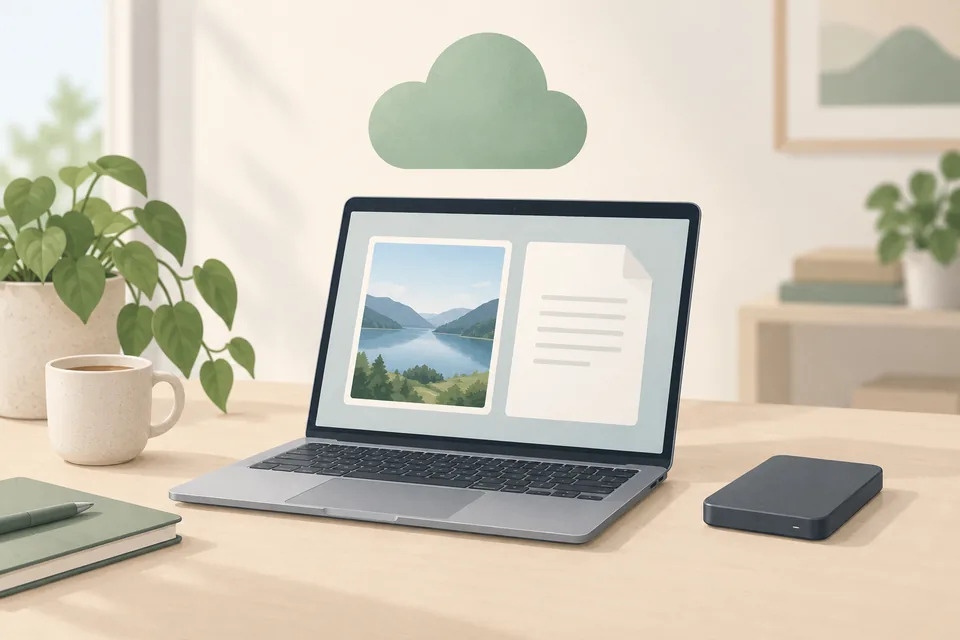 Illustratie van een laptop, externe opslag en een wolkje voor online opslag.