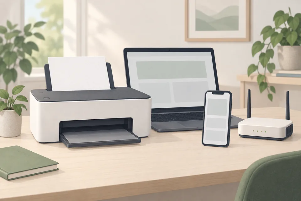 Illustratie van een printer, laptop, telefoon en router op een licht bureau.