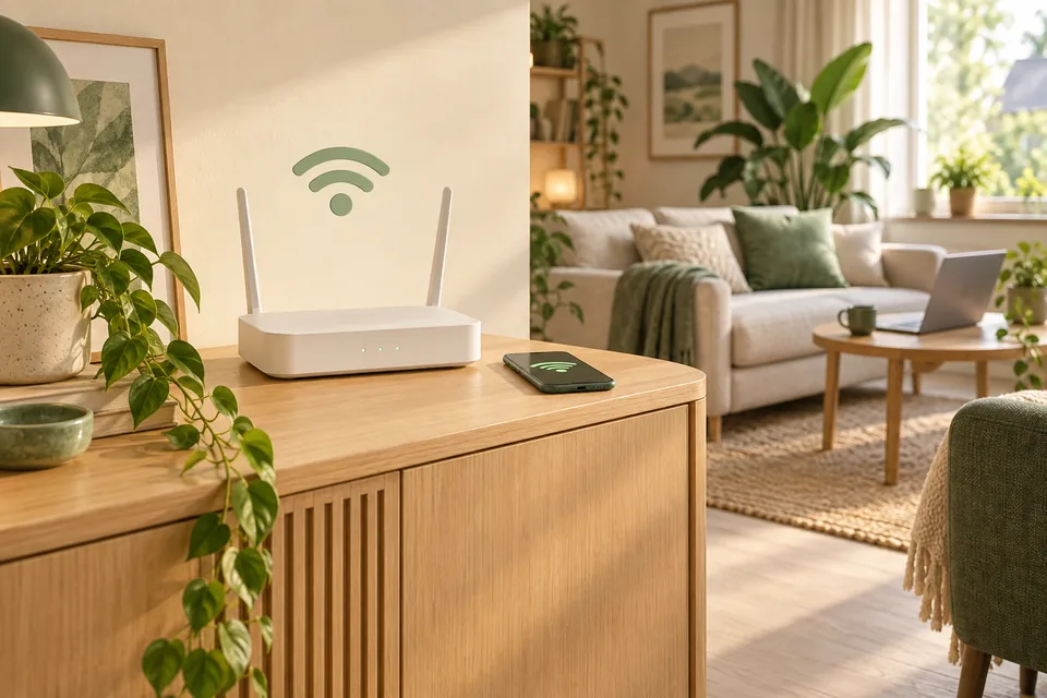 Illustratie van een router en telefoon in een lichte woonkamer.